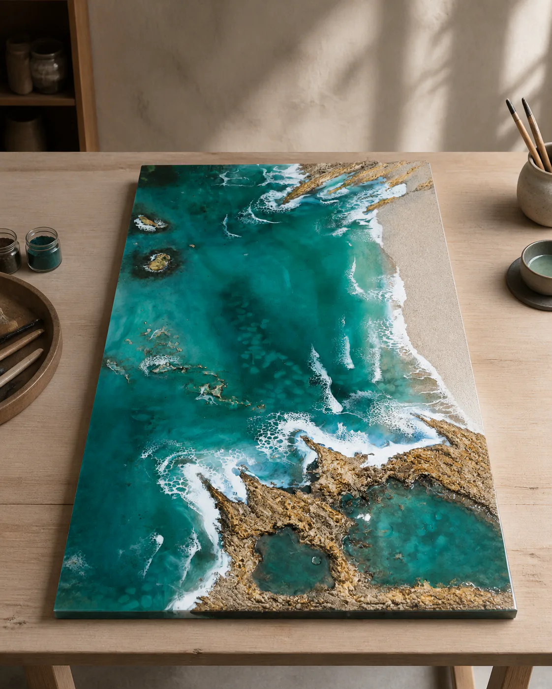 Obra marina turquesa en proceso dentro de una ambientación editorial de taller