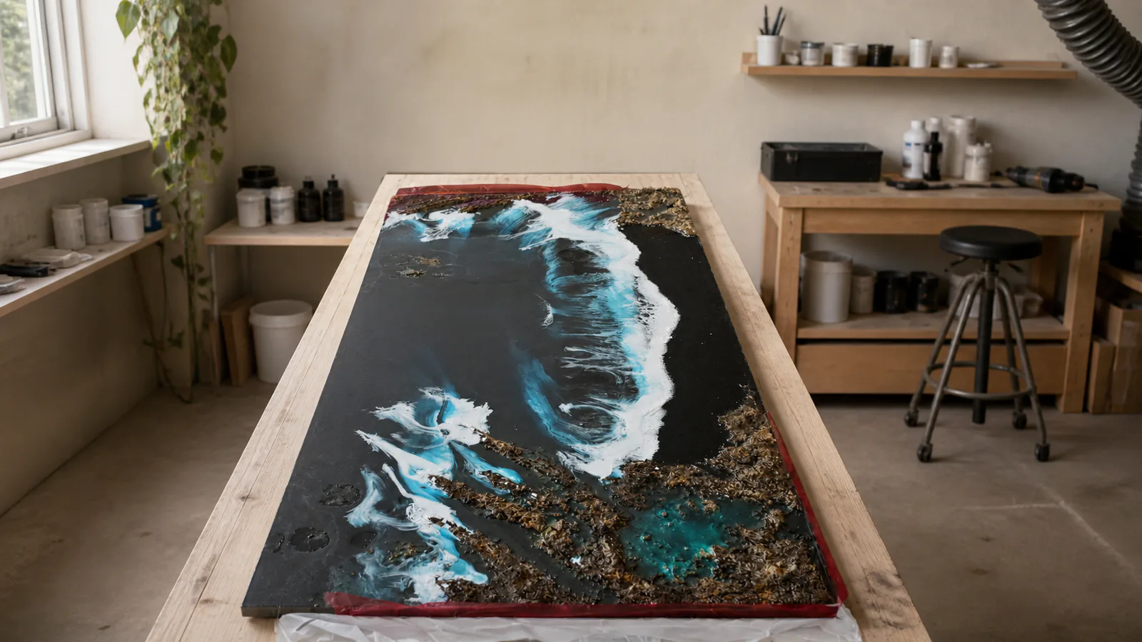 Ambientación editorial de un taller ordenado con una obra de resina en proceso sobre una mesa de trabajo